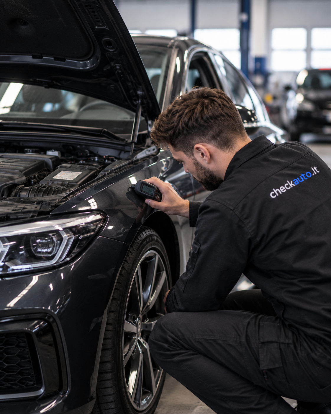 Specialistas matuoja automobilio kėbulo dažų storį